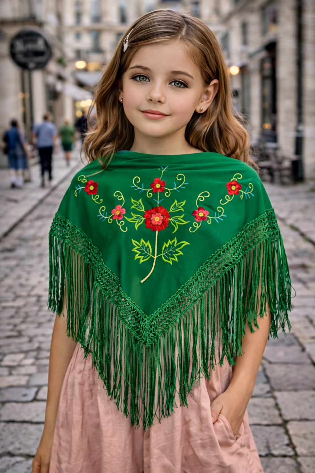 🌸 Mantón Infantil Bordado Verde con Flecos 🌸