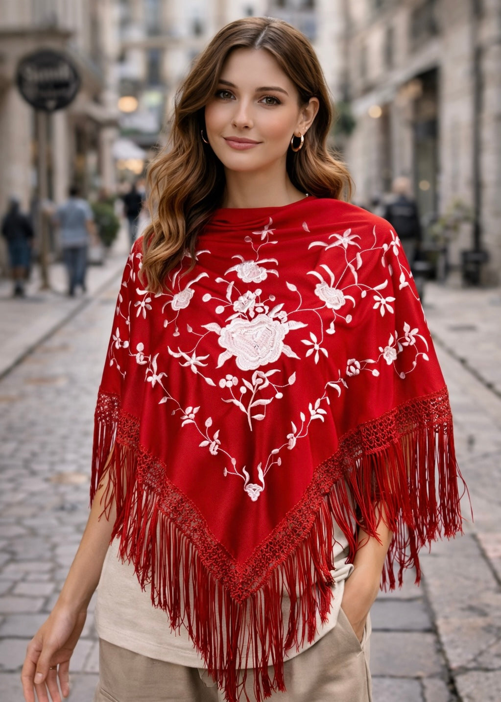 ❤️ Mantón Bordado Rojo con Flecos – Elegancia Atemporal ❤️