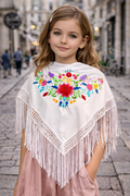 🌼 Mantón Infantil Blanco Bordado con Flecos 🌼