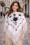 🖤 Mantón Blanco Bordado en Negro con Flecos – Elegancia Clásica 🖤