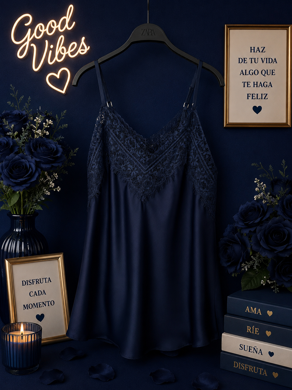 💙✨ Lencero Satinado Azul Marino con Encaje ✨💙