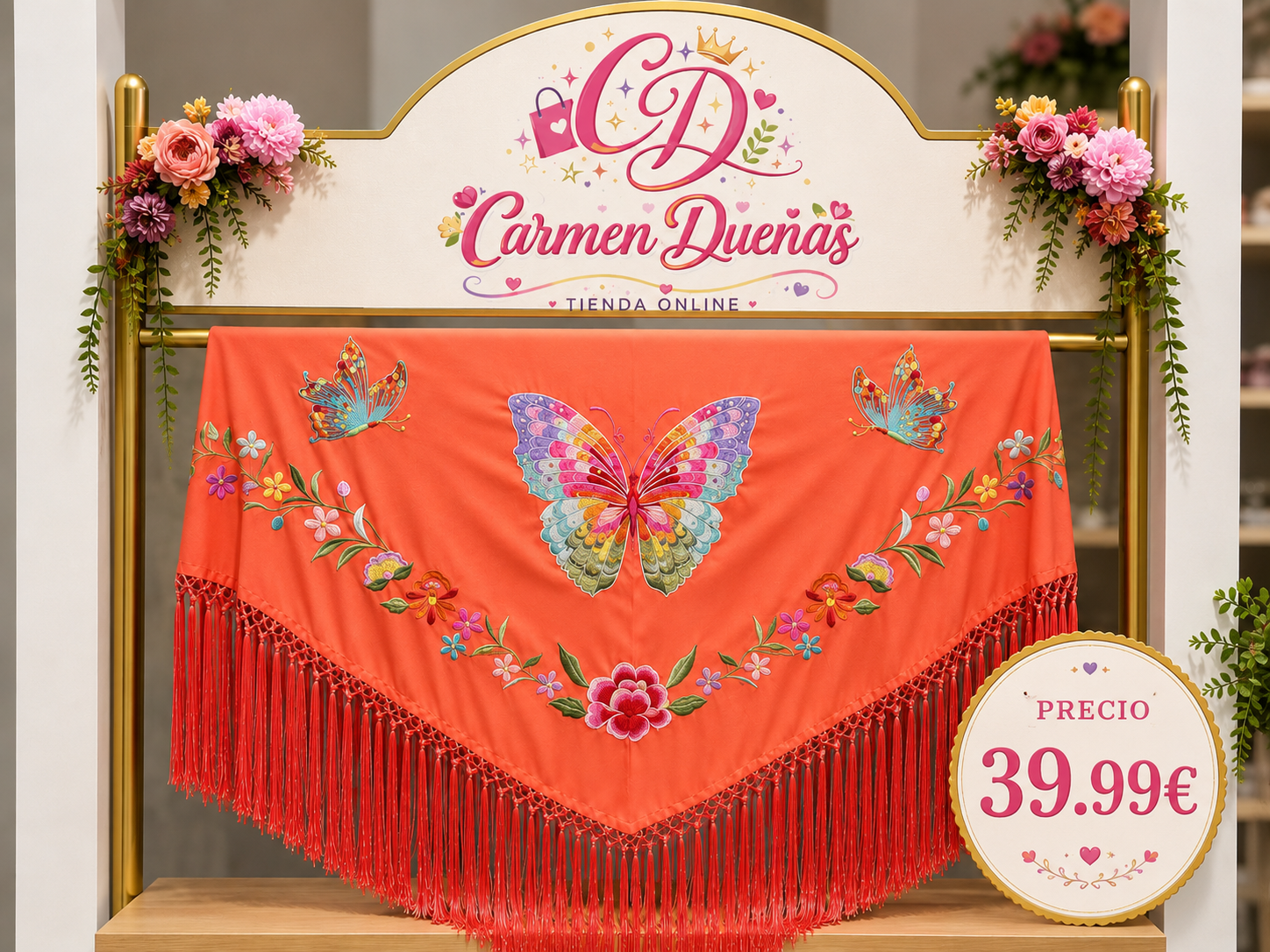 🦋✨ Mantón Bordado Mariposa Coral ✨🦋