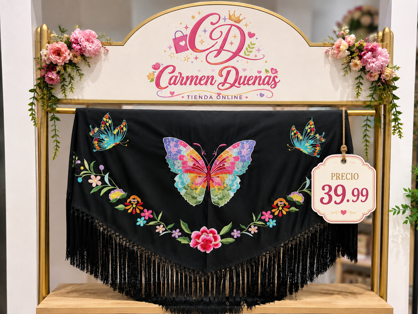🦋✨ Mantón Bordado Mariposa Floral ✨🦋