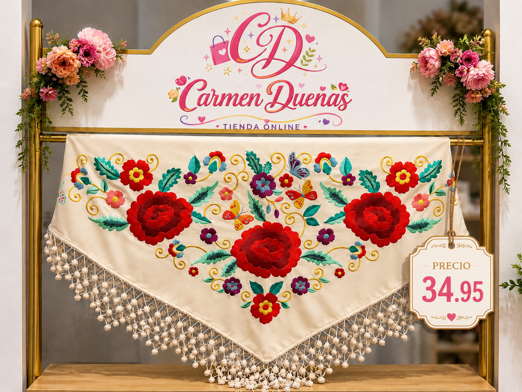 🌹✨ Hermoso Mantón Bordado Floral ✨🌹
