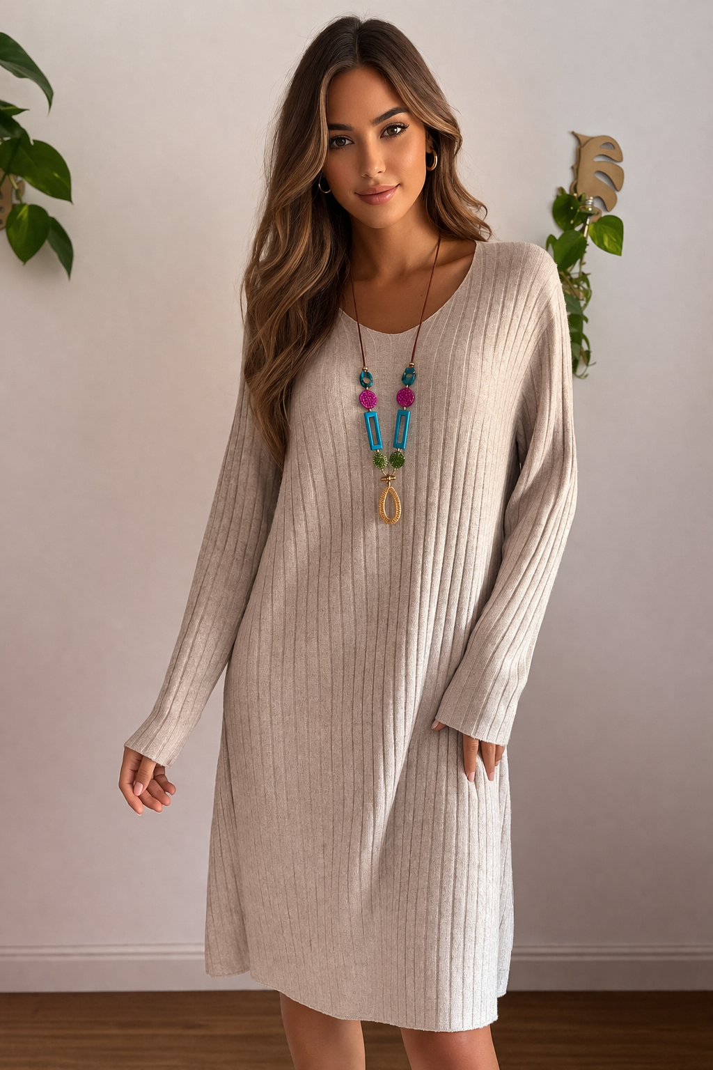 ¡REBAJAS! Vestido de Punto Canalé con Collar