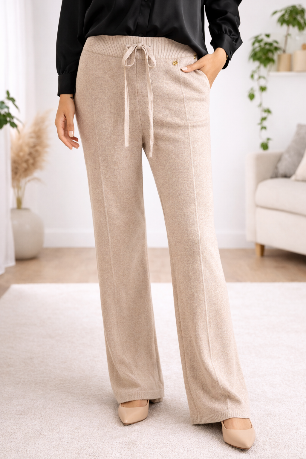 Pantalón Punto Beige Cintura Elástica Cordón - Mujer Cómodo