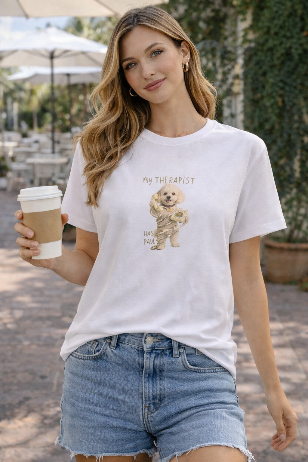 Camiseta Blanca Manga Corta My Therapist Has Paws Perrito - Mujer
