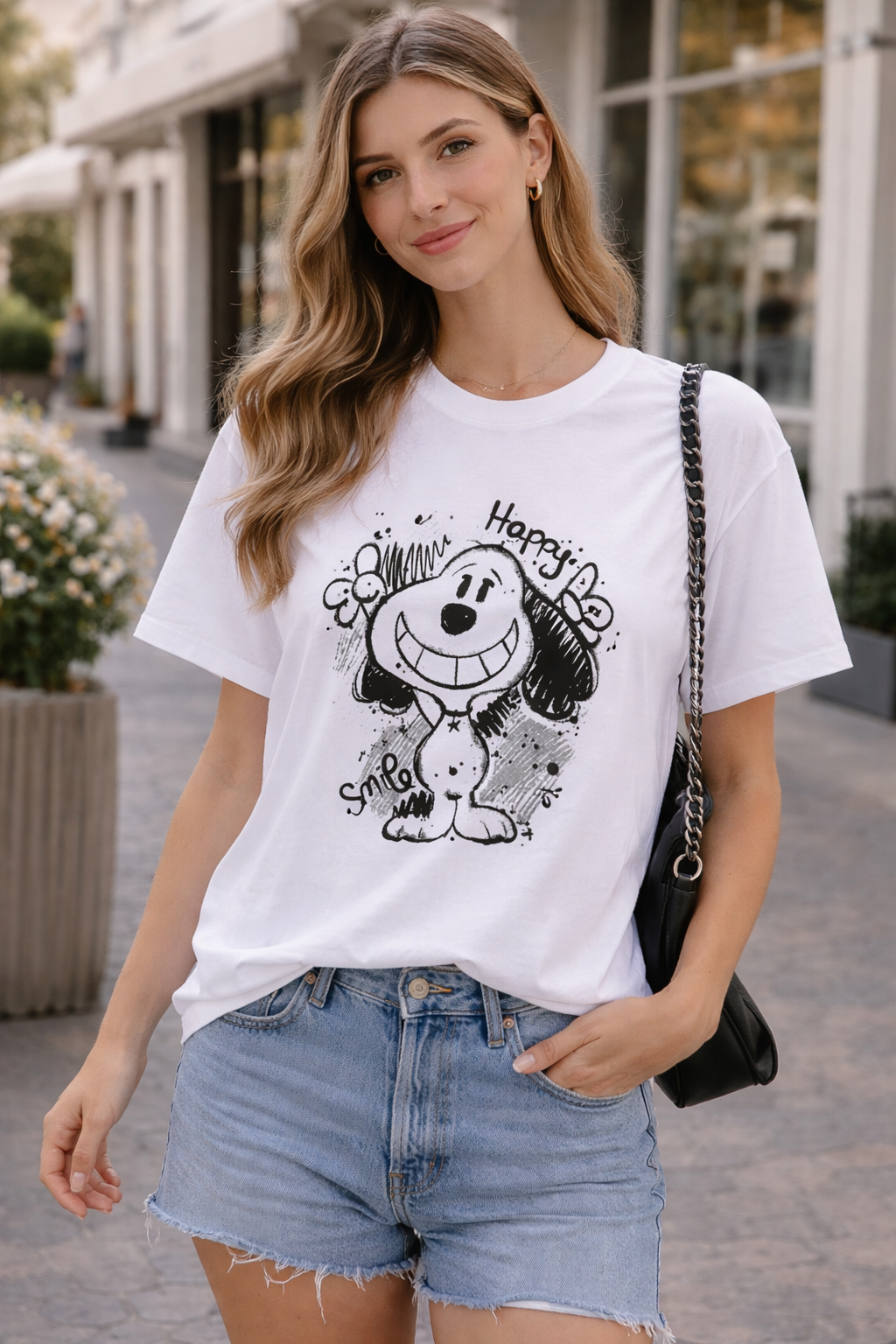 Camiseta blanca de manga corta con estampado gráfico estilo doodle “Happy Snoopy”