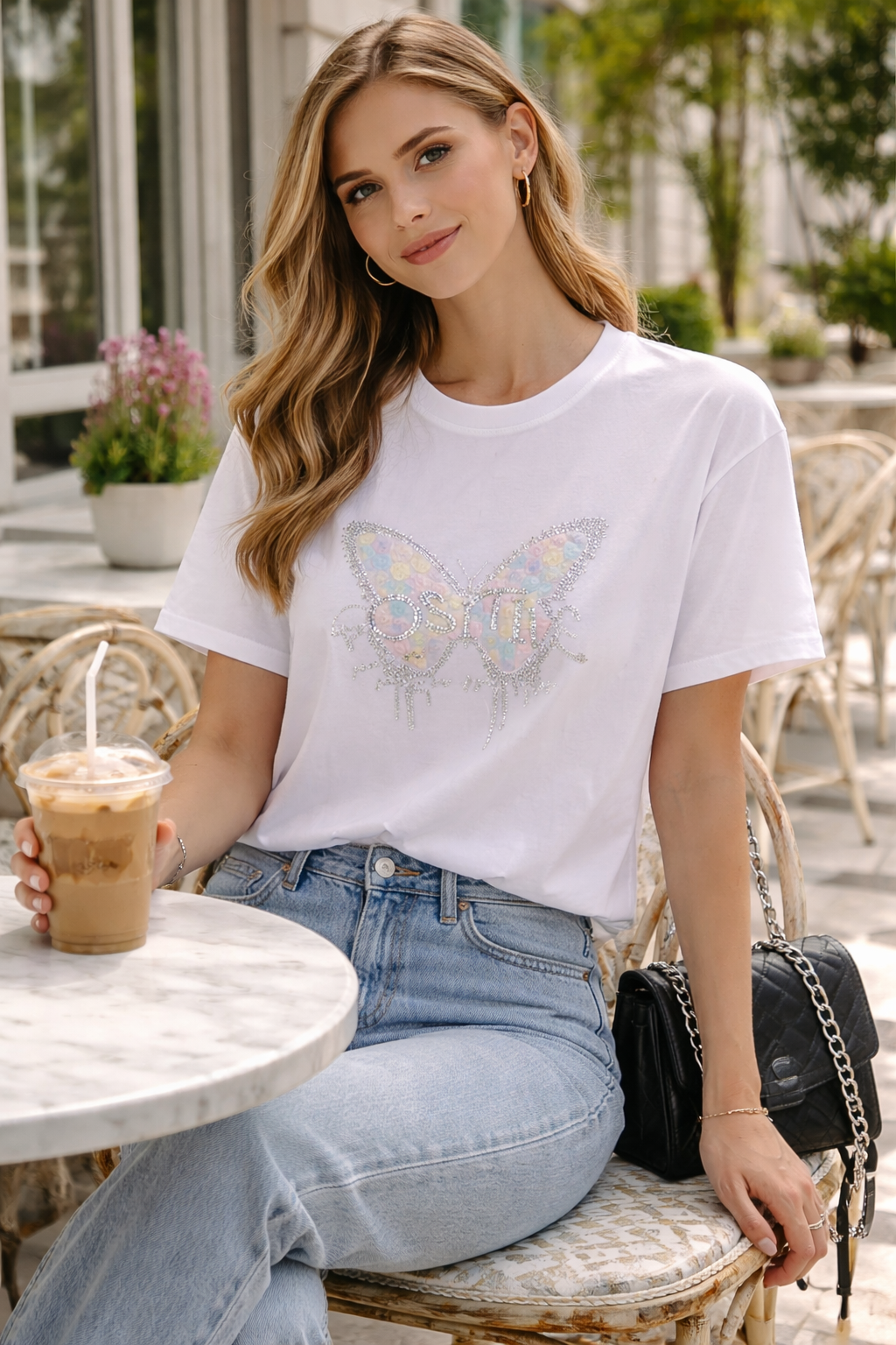 Camiseta Blanca Butterfly Shine Mariposa Pedrería - Mujer