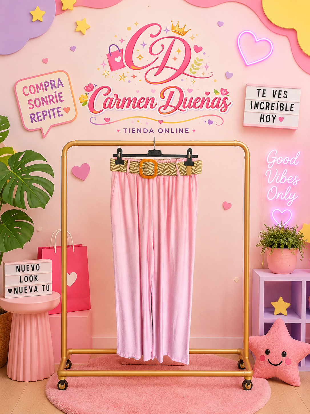 Pantalón Palazzo Rosa Pastel con Cinturón | Carmen Dueñas