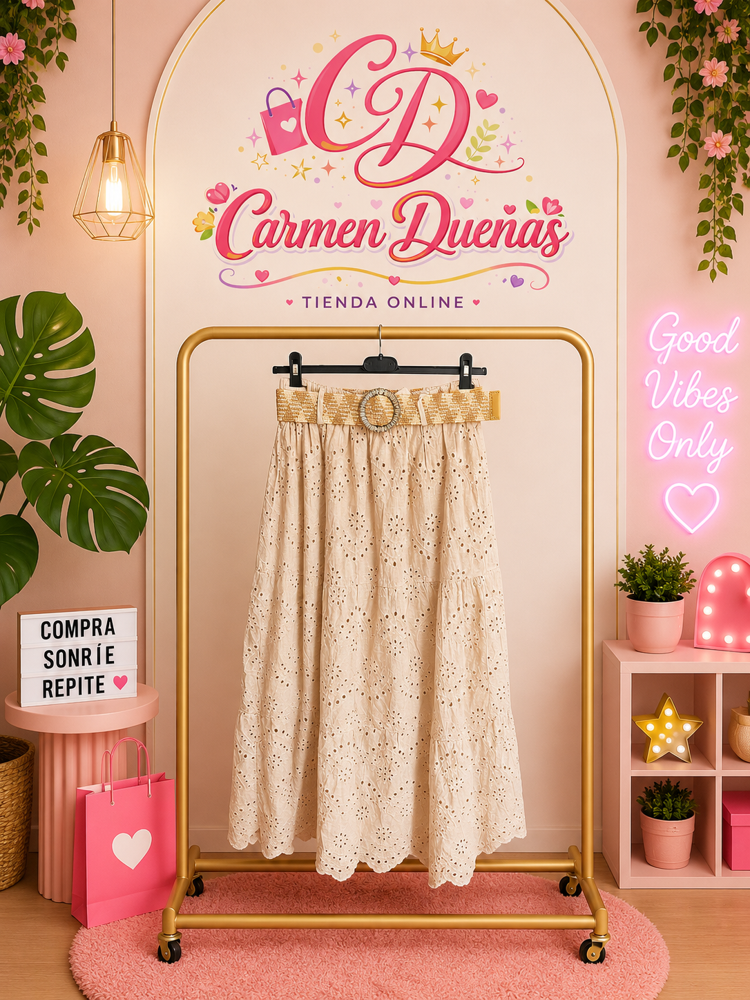 Falda Larga Boho Bordada Beige con Cinturón | Carmen Dueñas