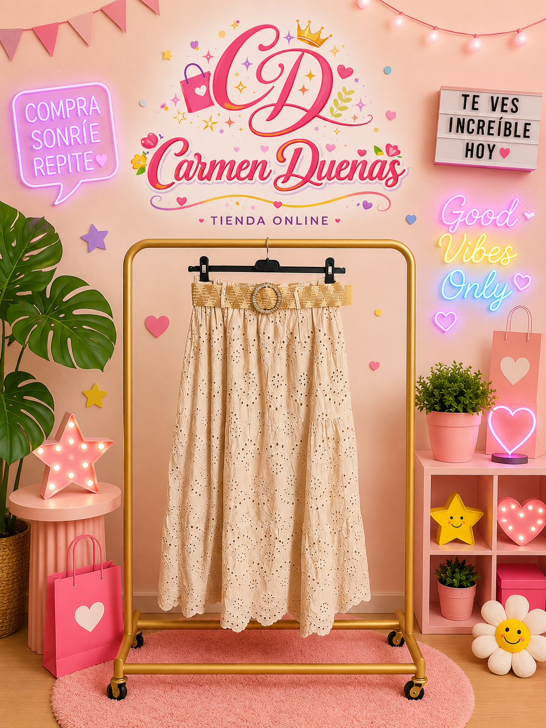 Falda Larga Boho Bordada Beige con Cinturón | Carmen Dueñas