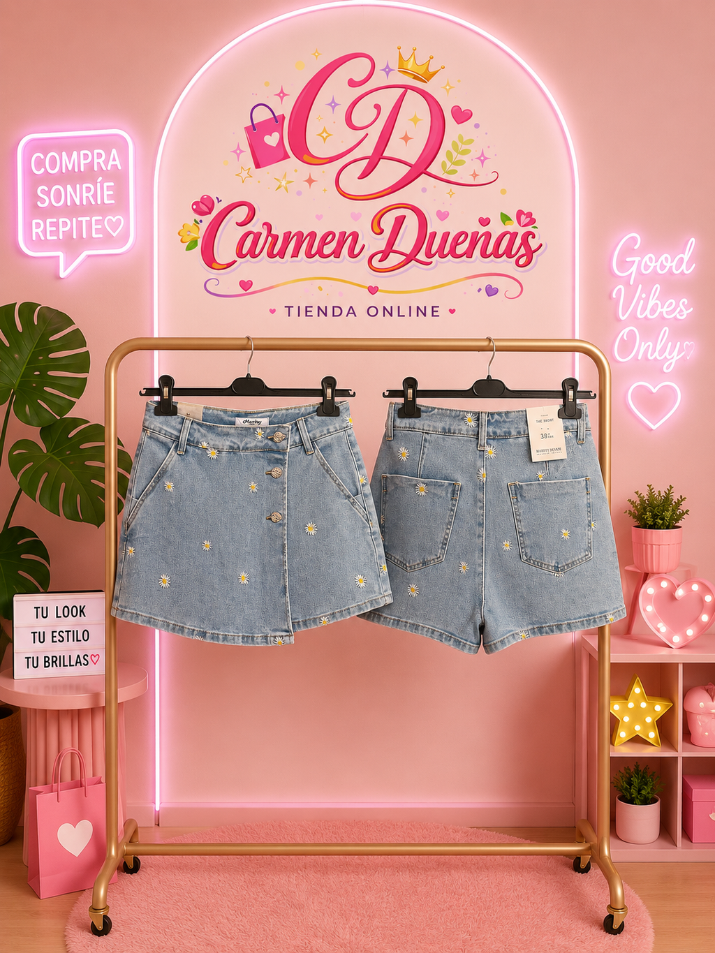 Falda Pantalón Vaquera con Bordado de Margaritas | Carmen Dueñas