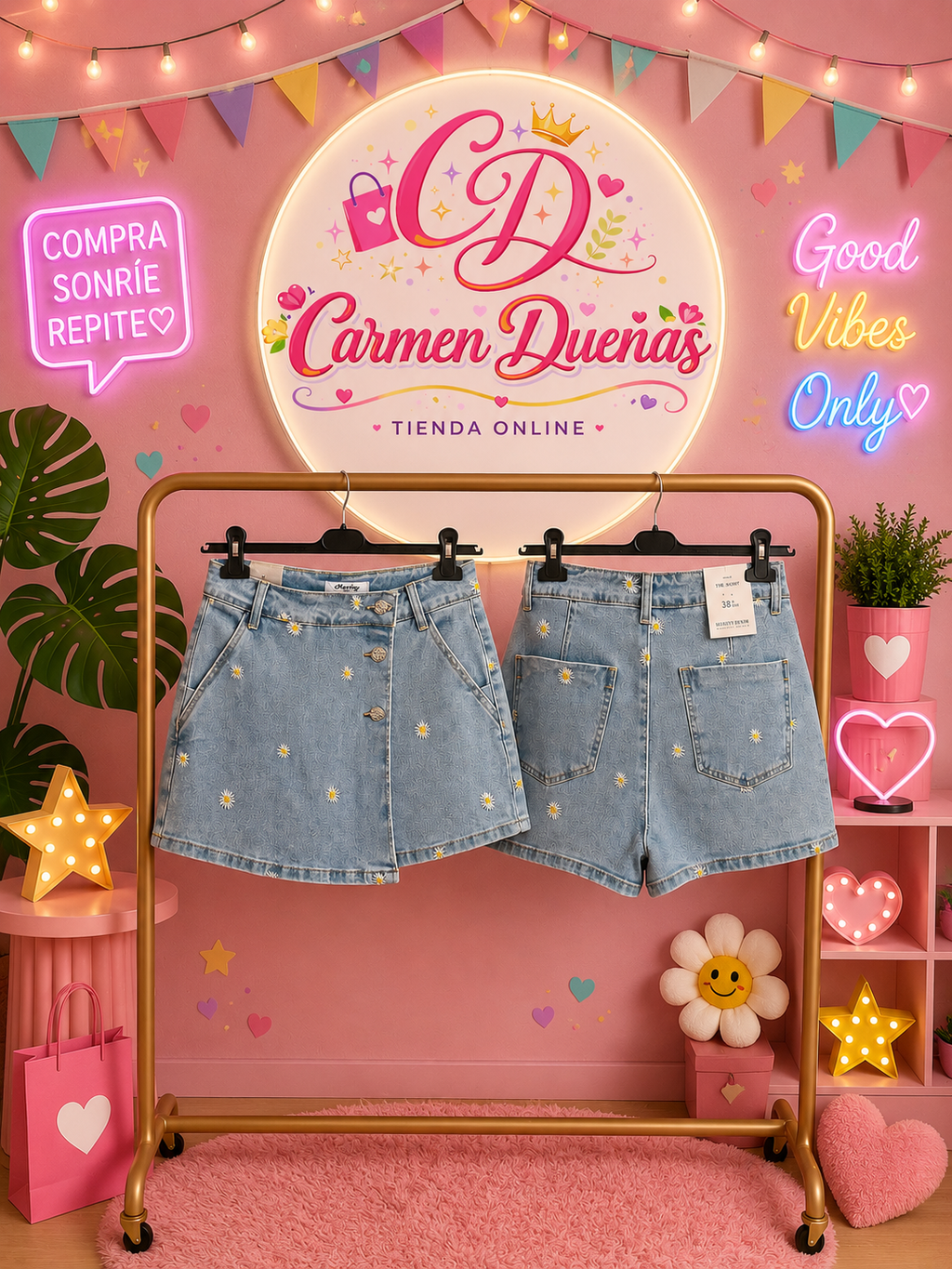 Falda Pantalón Vaquera con Bordado de Margaritas | Carmen Dueñas