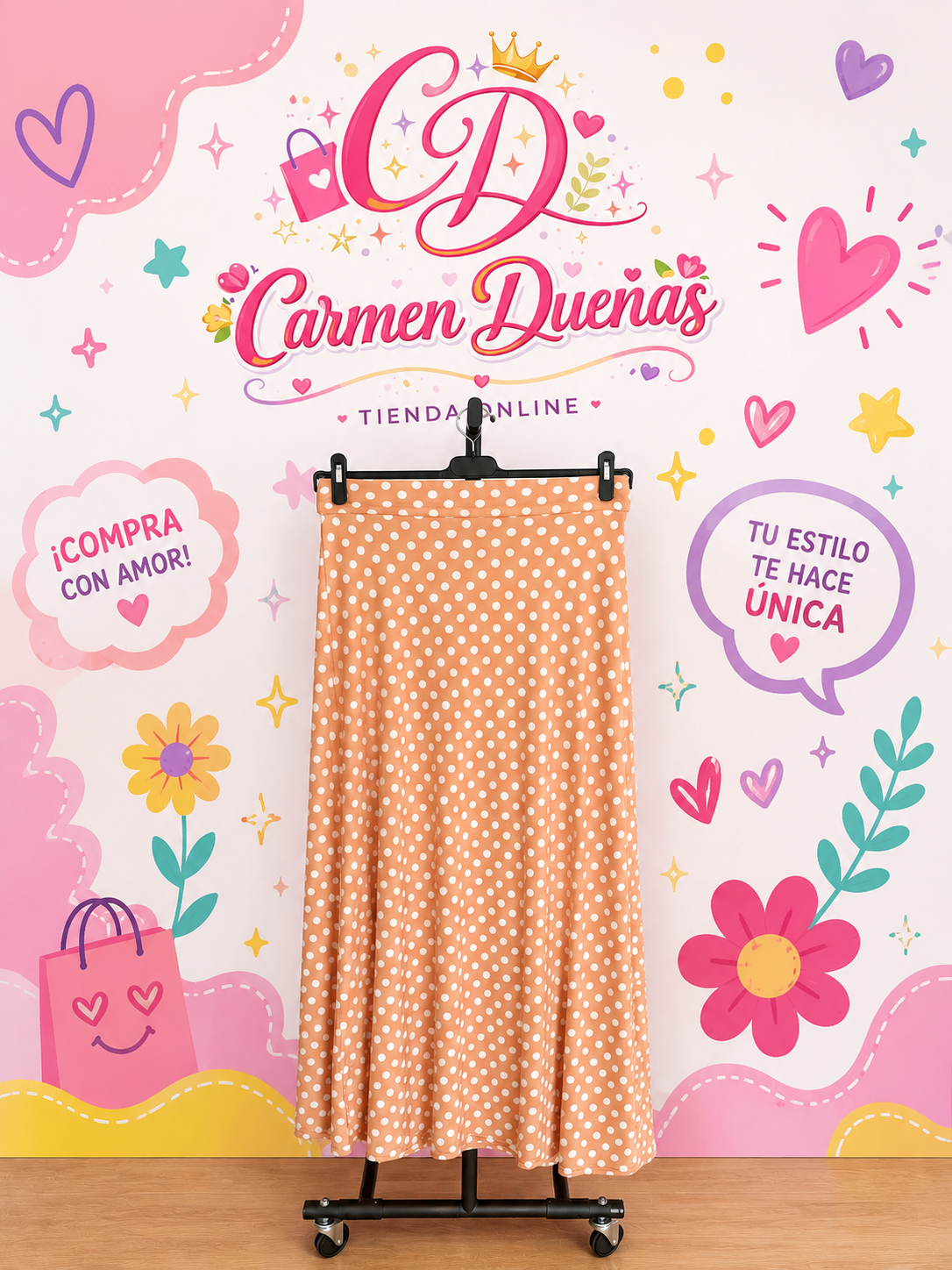 Falda Larga de Lunares Rosa Maquillaje Fluida | Carmen Dueñas
