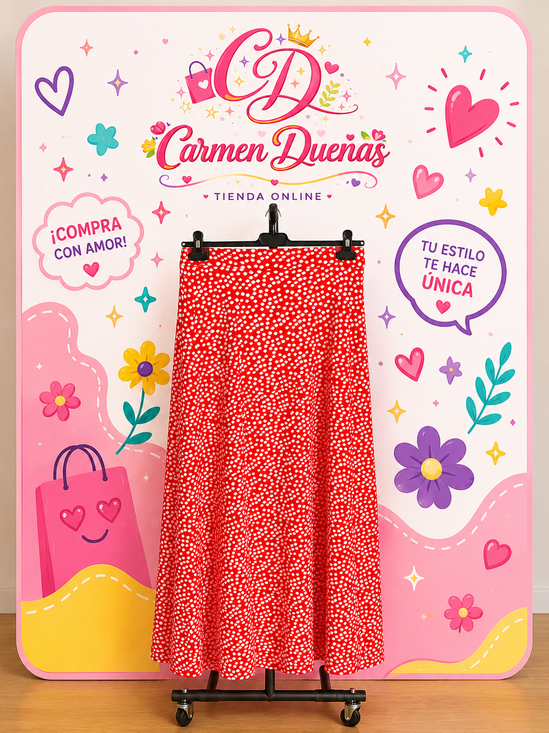 Falda Larga Roja de Lunares Blancos Fluida | Carmen Dueñas