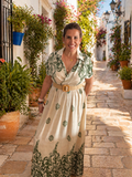 Vestido Midi Estampado en Verde y Beige
