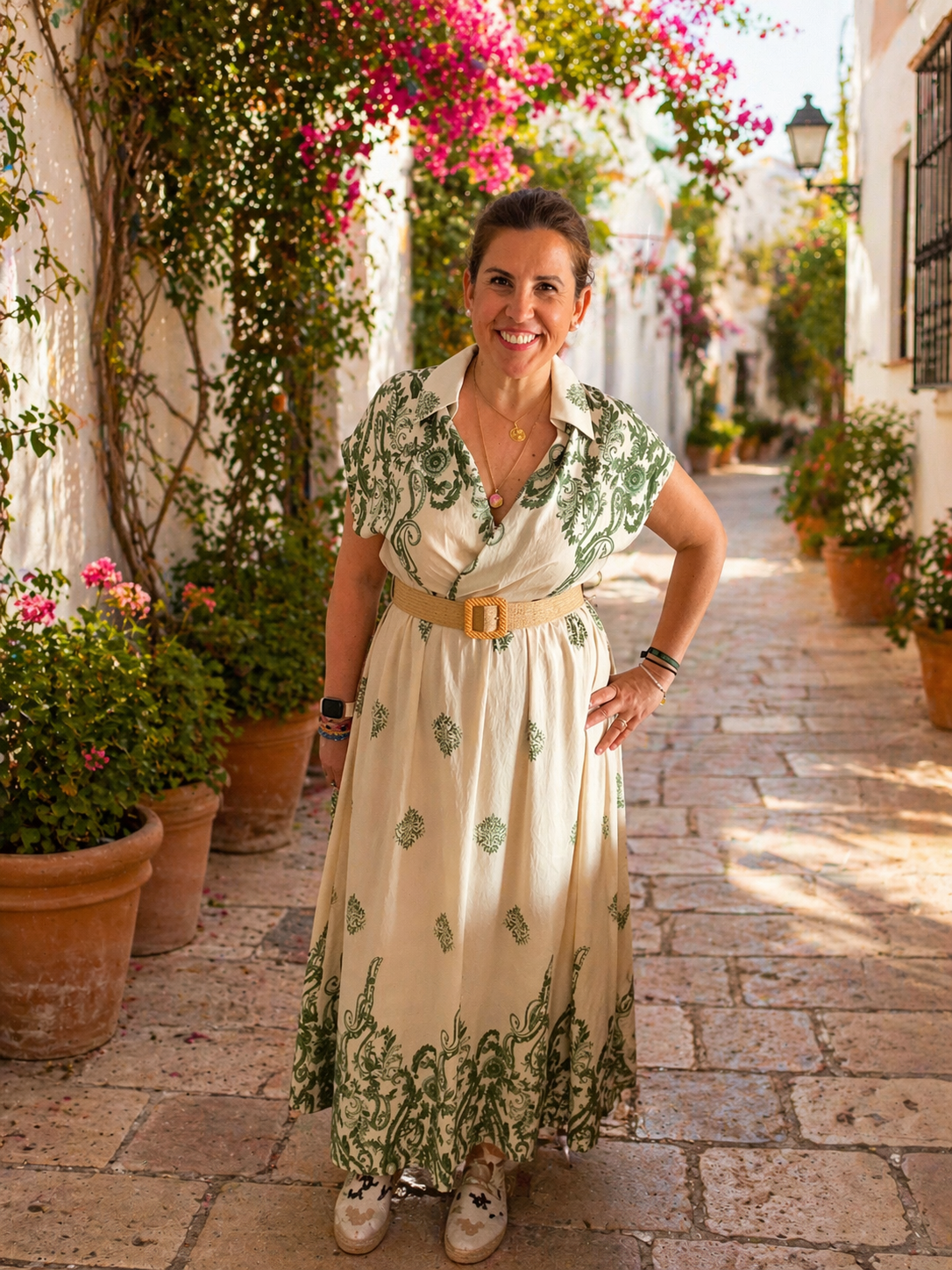 Vestido Midi Estampado en Verde y Beige