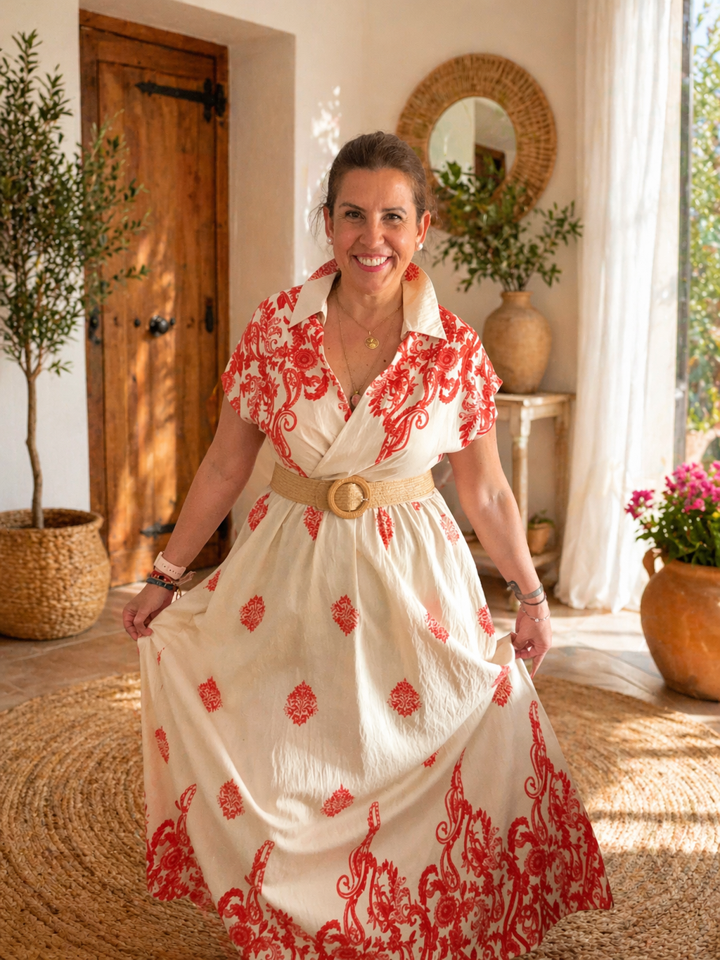 Vestido Midi Estampado Naranja y Beige con Cinturón