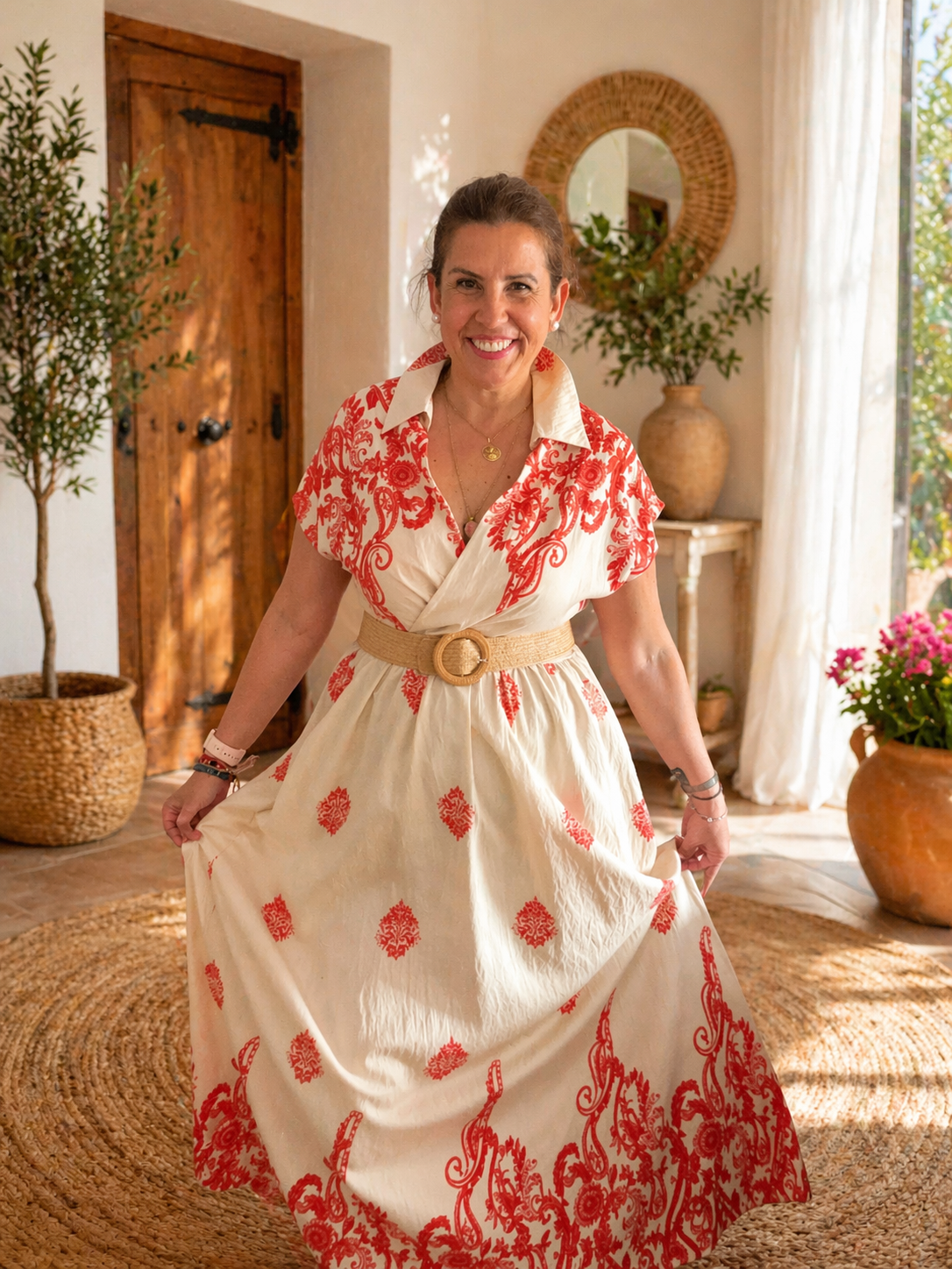 Vestido Midi Estampado Naranja y Beige con Cinturón