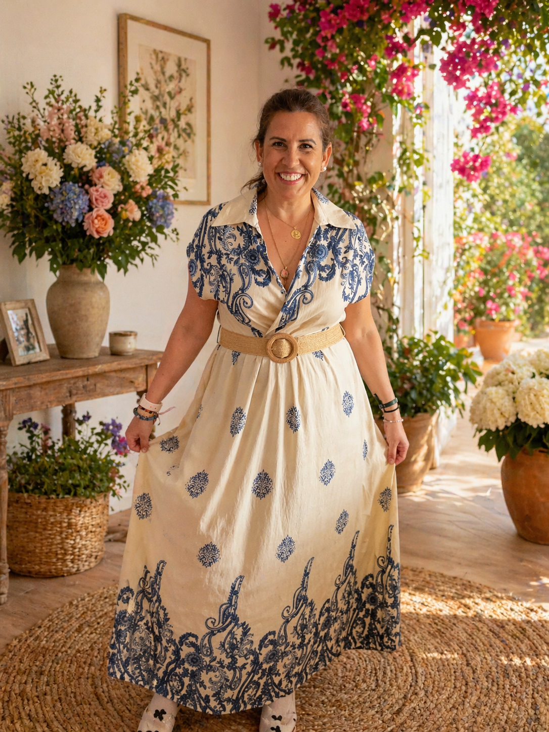 Vestido Midi Estampado Azul y Beige con Cinturón