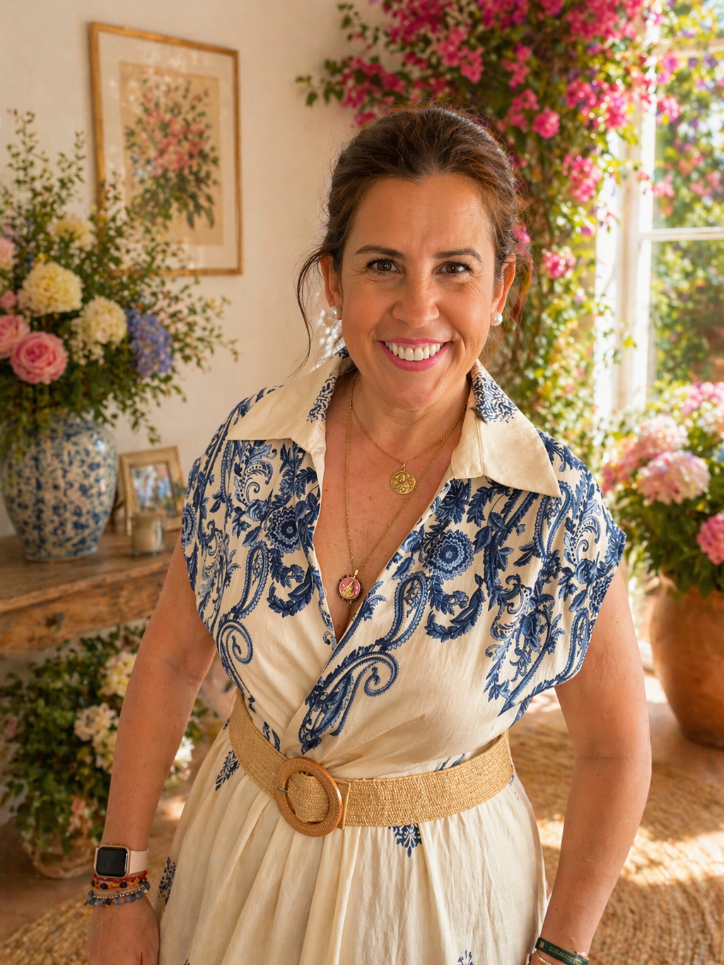 Vestido Midi Estampado Azul y Beige con Cinturón