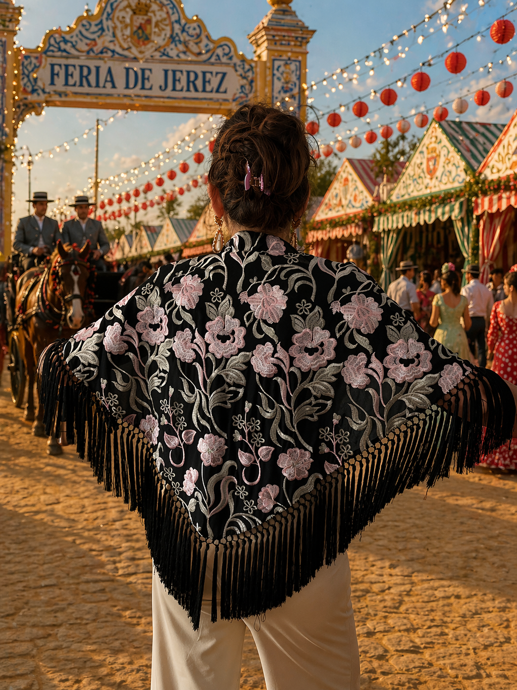 Mantón negro bordado: elegancia en rosa empolvado