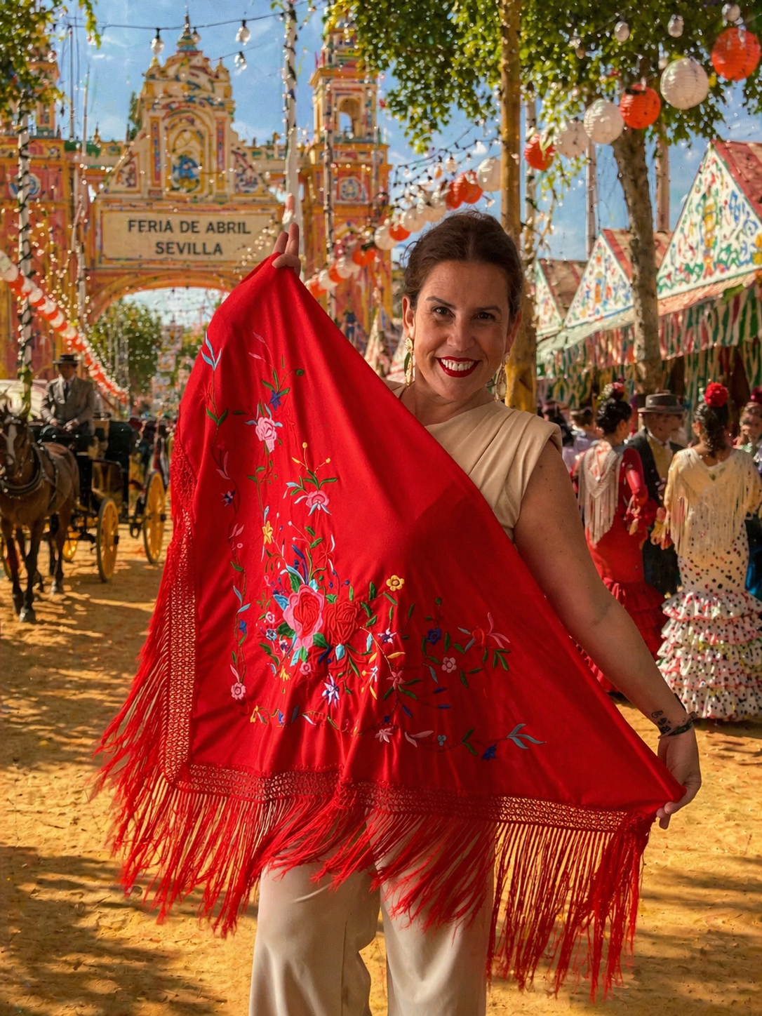 Mantón bordado rojo con flecos
