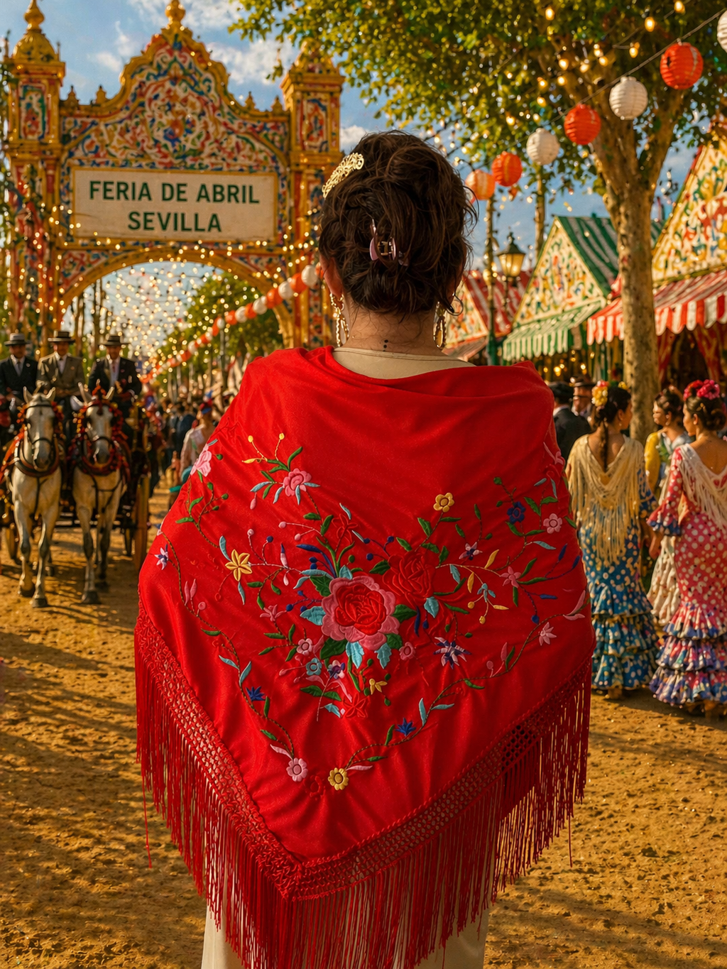 Mantón bordado rojo con flecos
