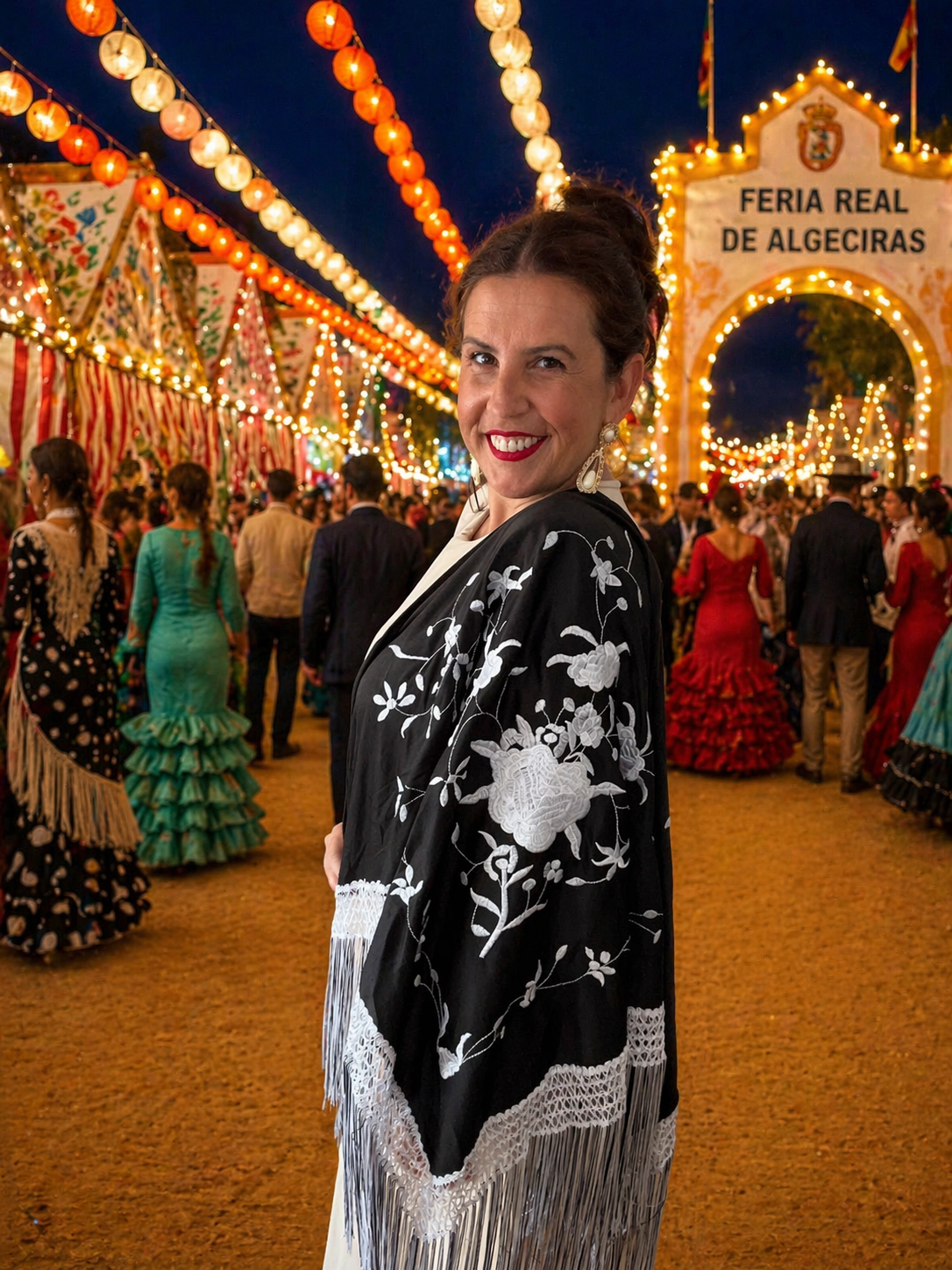 Mantón negro bordado con flecos – Elegancia atemporal