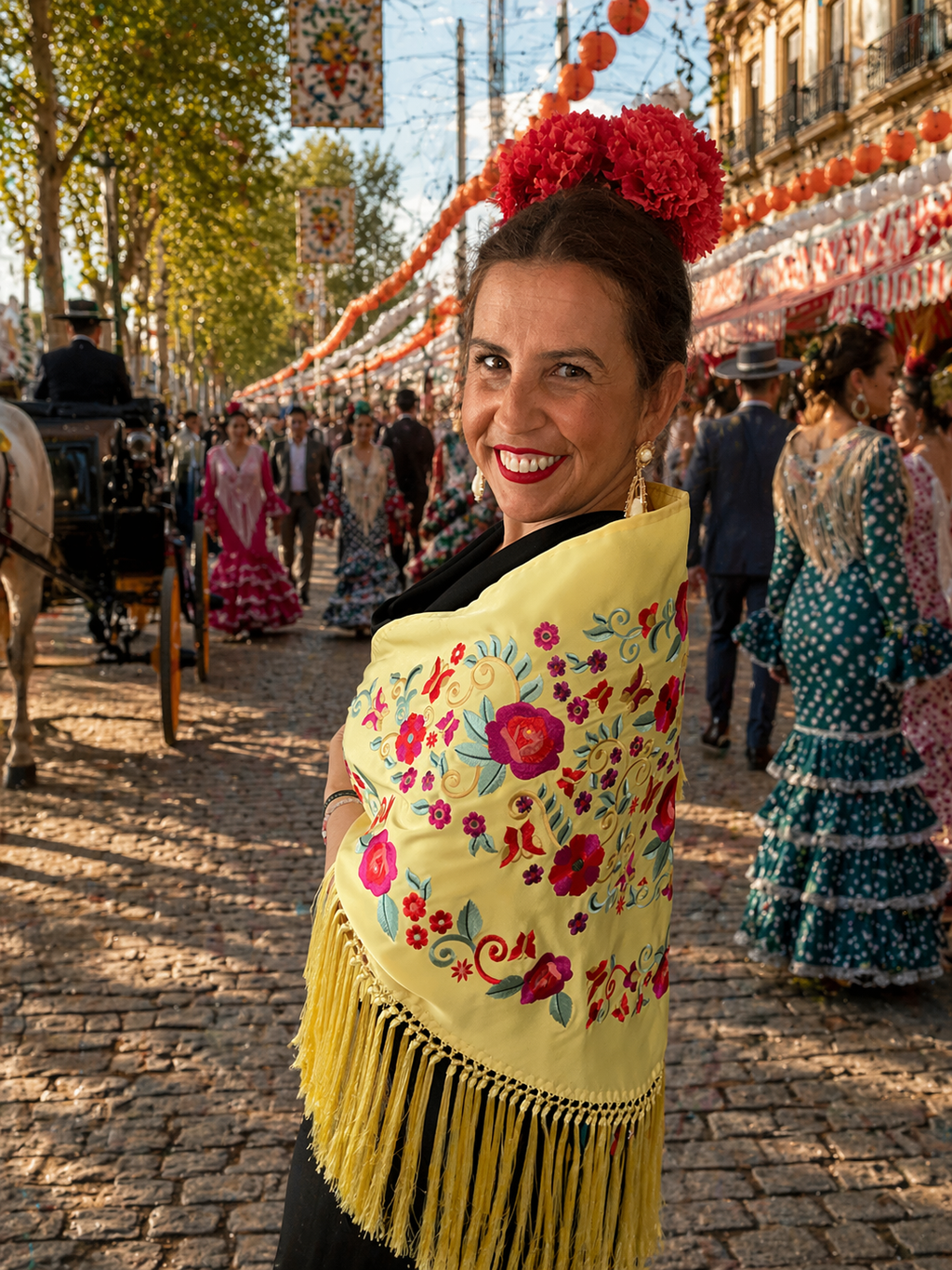 ✨ Mantón de flamenca bordado en tono amarillo albero ✨