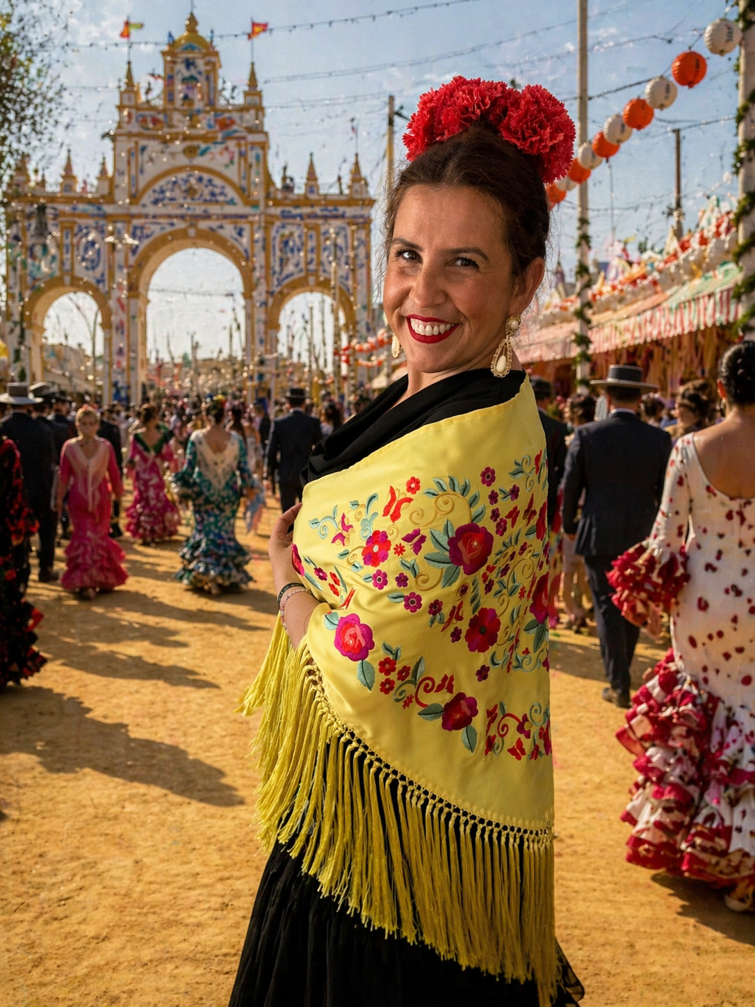 ✨ Mantón de flamenca bordado en tono amarillo albero ✨