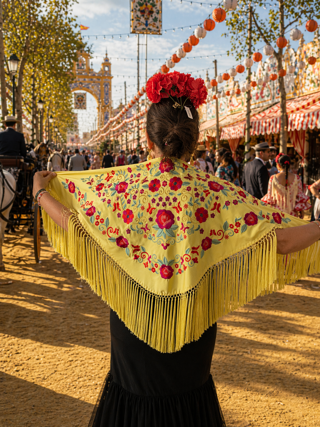 ✨ Mantón de flamenca bordado en tono amarillo albero ✨