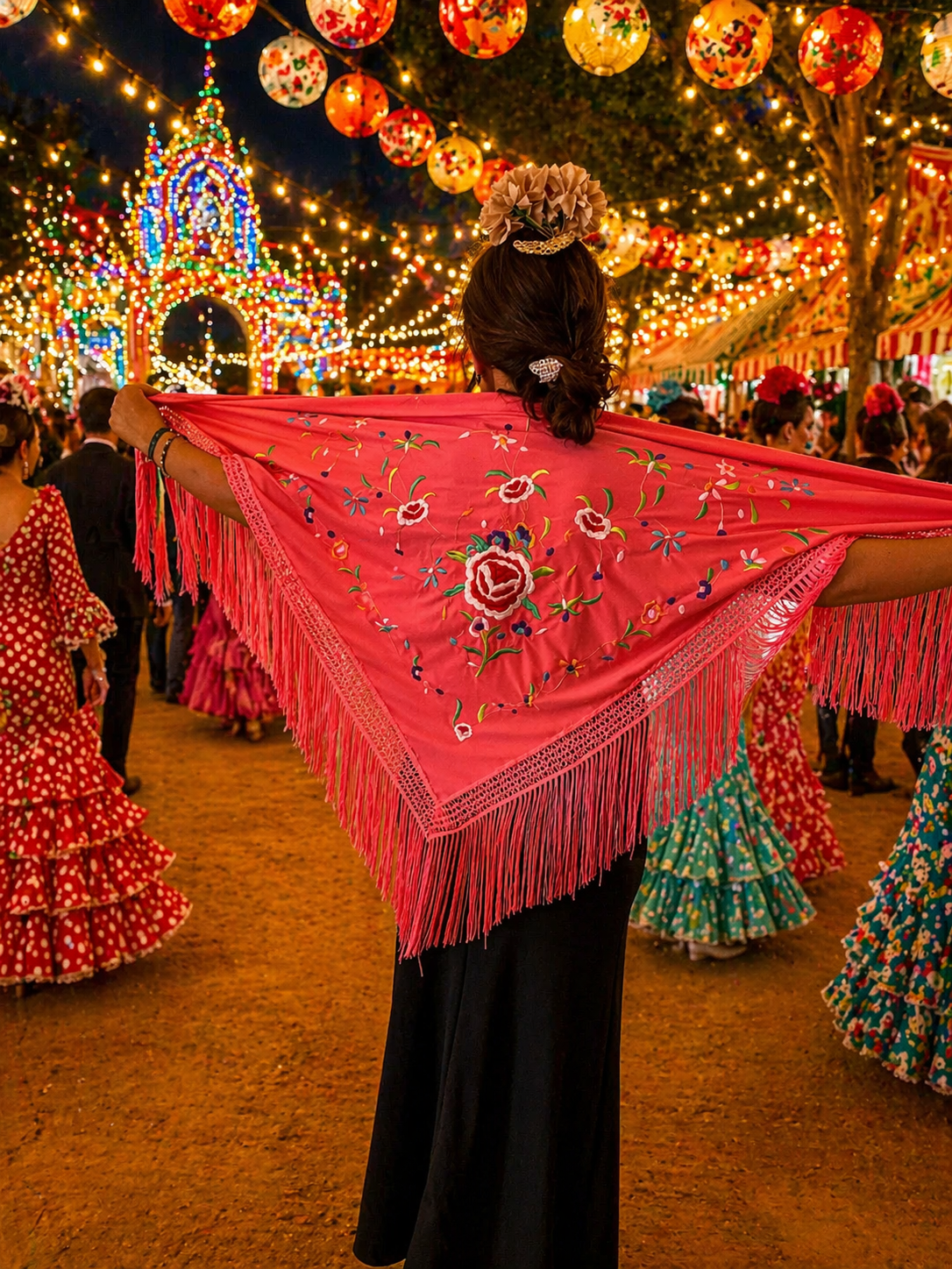 Mantón flamenco en vibrante color coral 🌺