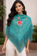 🌺 Mantón Bordado Floral Turquesa con Flecos 🌺