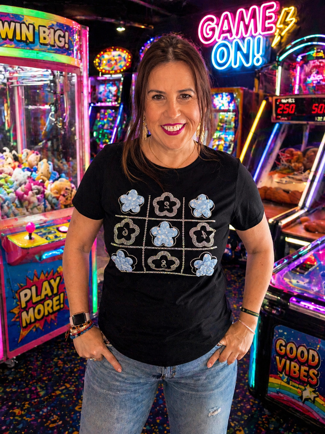 Camiseta Negra con Estampado Floral Brillante | Moda Mujer
