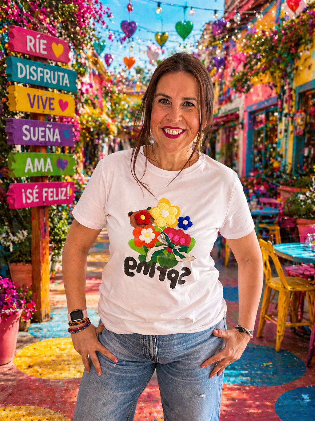 Camiseta Blanca con Flores en Relieve Multicolor | Moda Mujer