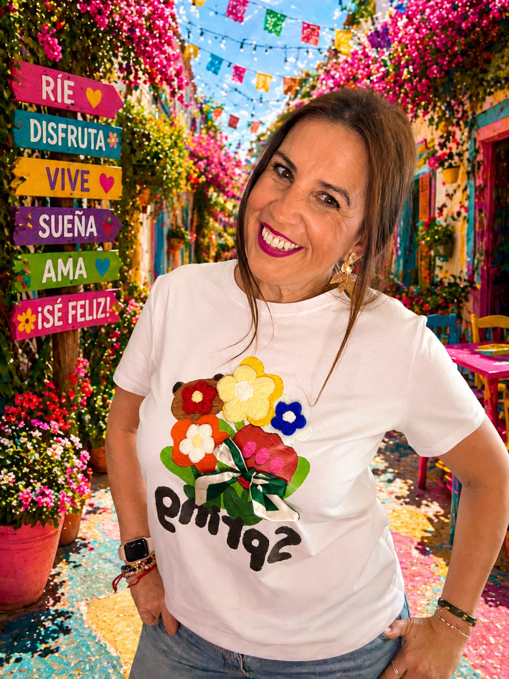 Camiseta Blanca con Flores en Relieve Multicolor | Moda Mujer