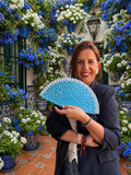 Abanico Flamenco Pequeño Azul Turquesa con Lunares Blancos