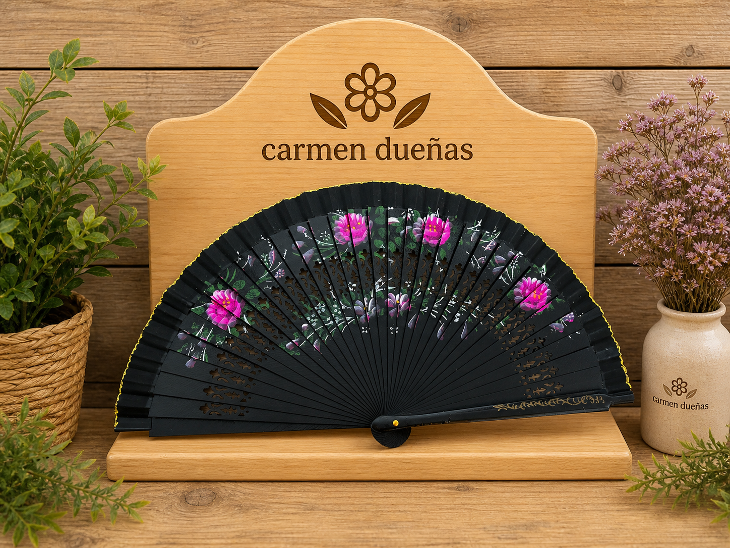 🖤 Abanico negro floral sofisticado 🌸