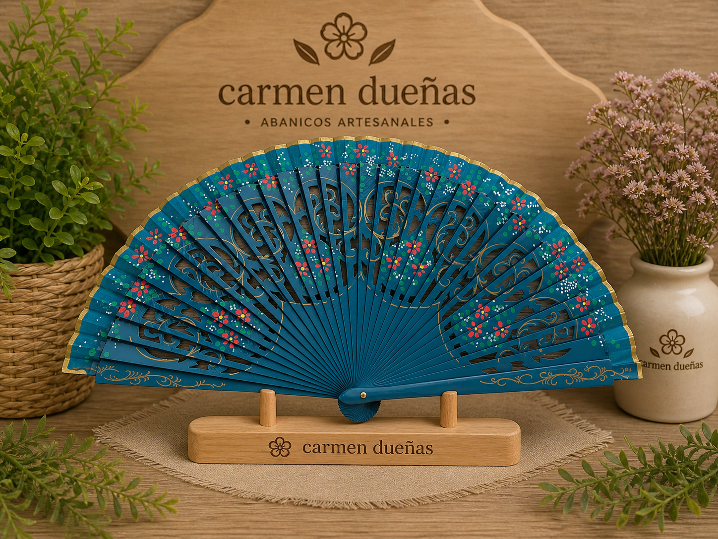 💙 Abanico azul floral elegante 🌸