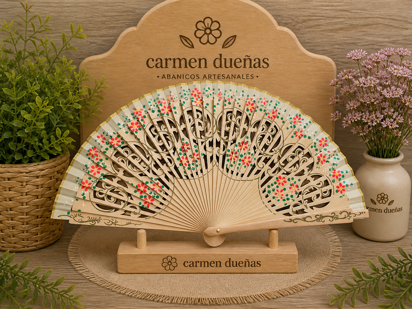 🤍 Abanico madera natural con detalles florales 🌸