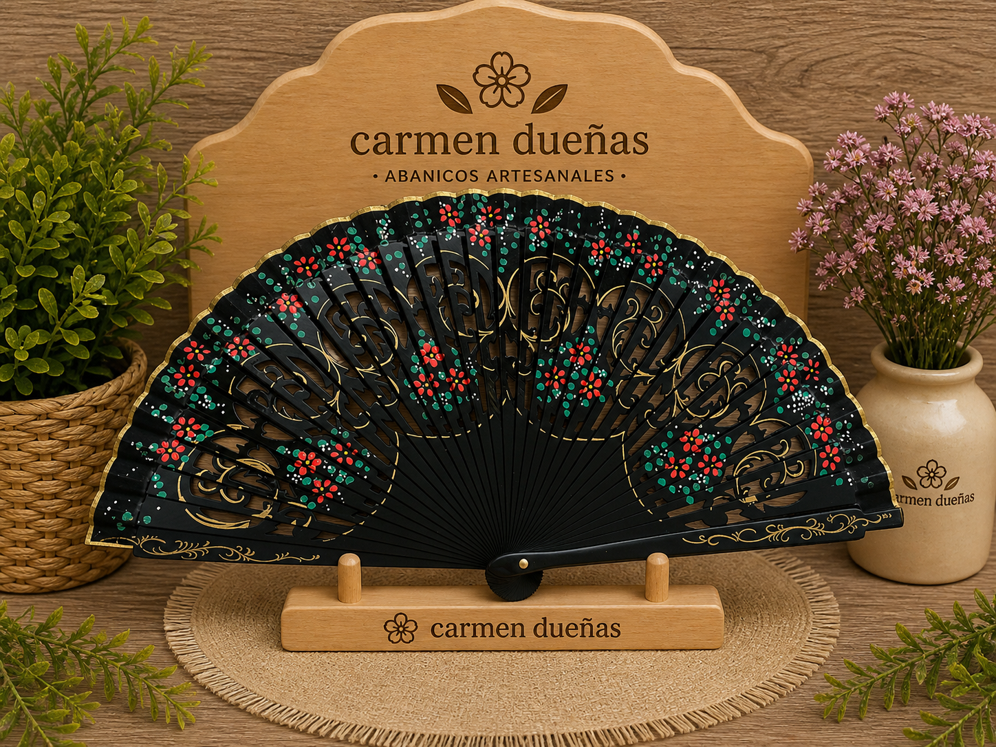 🖤 Abanico negro floral con detalles dorados 🌸