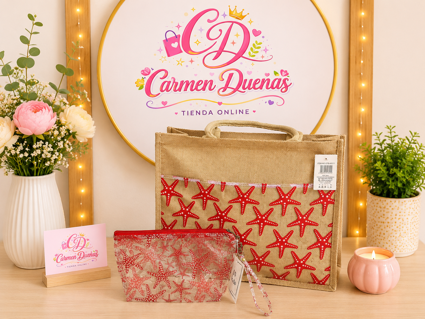 👜✨ Set bolso de yute + neceser estrellas de mar rojas ❤️⭐