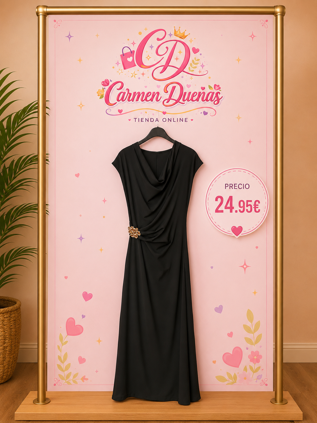 Vestido negro elegante con detalle dorado