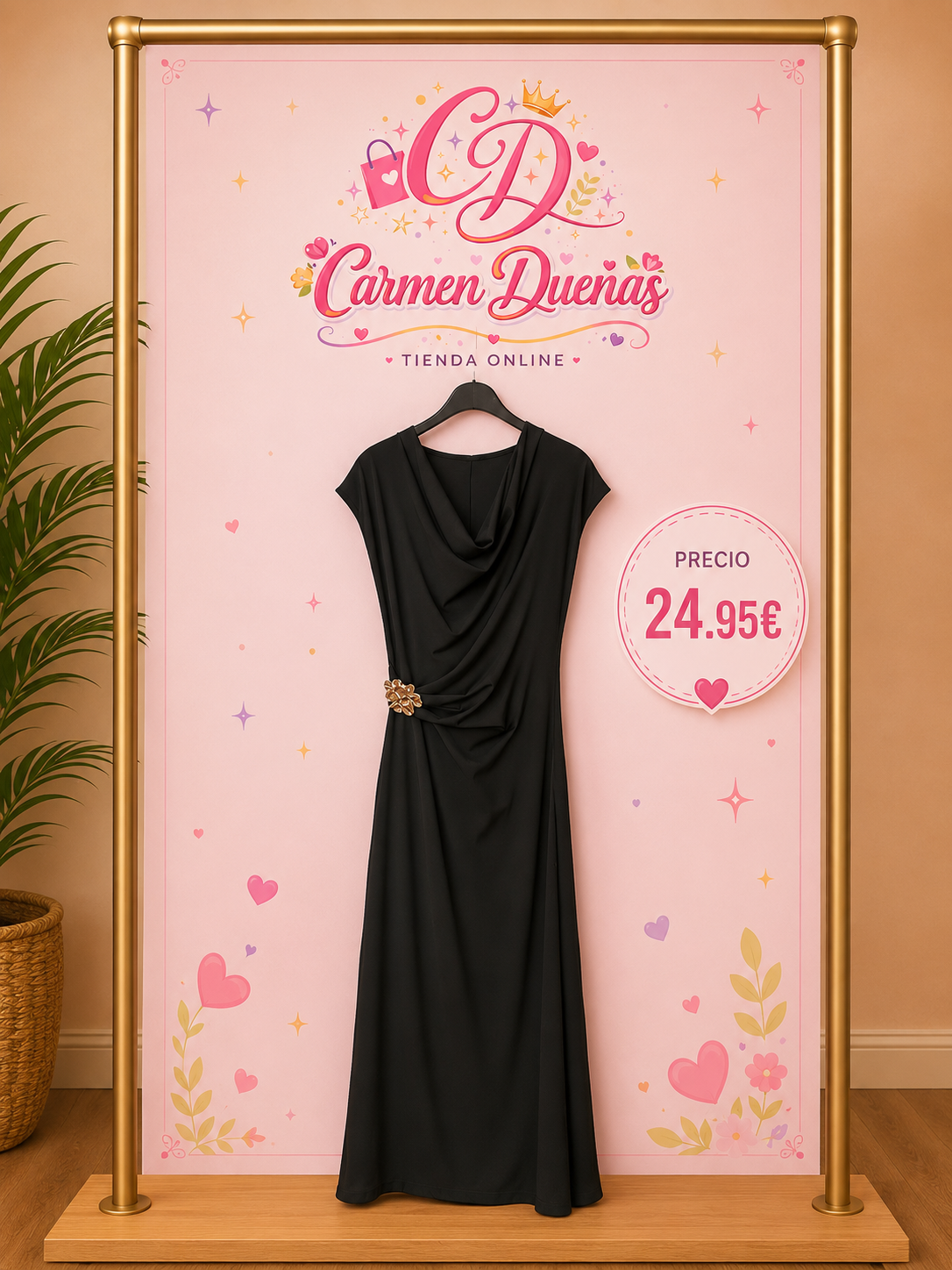 Vestido negro elegante con detalle dorado