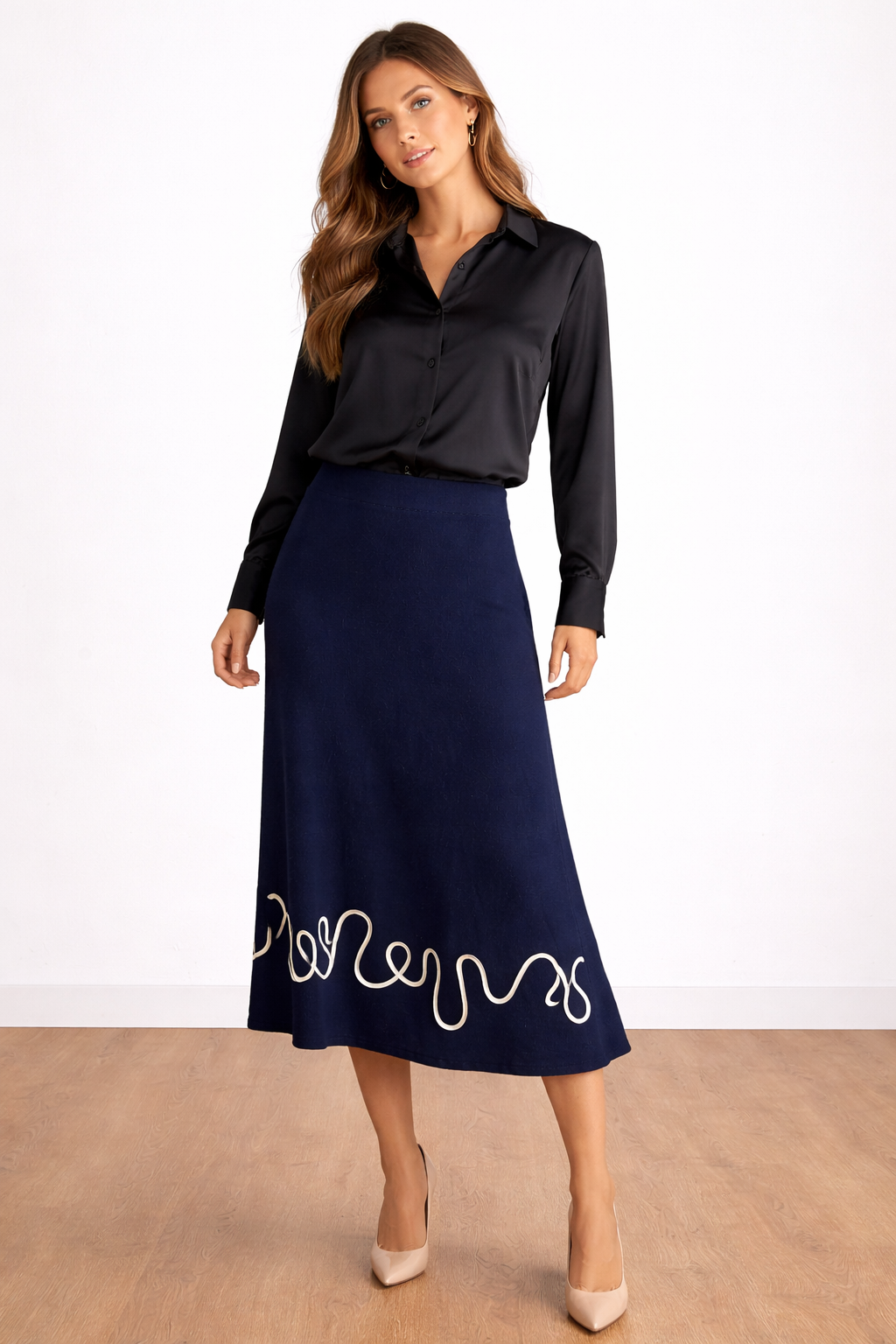 Falda Midi Tiro Alto Fluida con Detalle Decorativo - Mujer