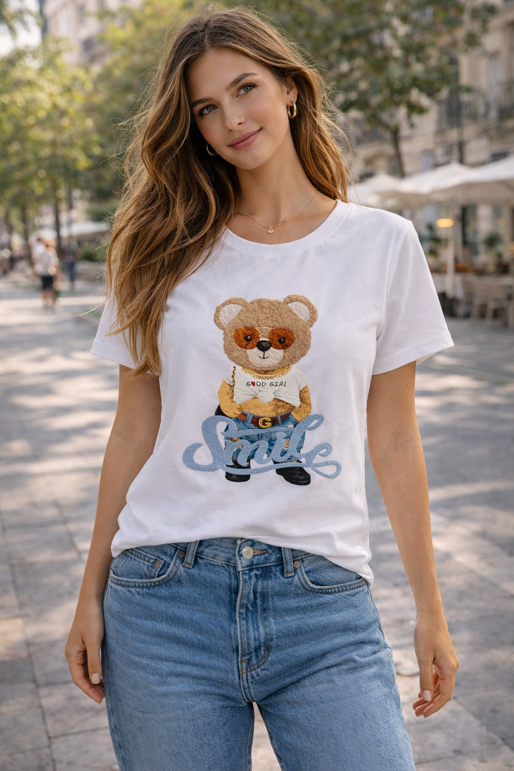 Camiseta Blanca Manga Corta Osa Smile - Mujer Divertida