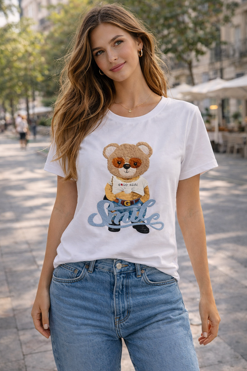 Camiseta Blanca Manga Corta Osa Smile - Mujer Divertida