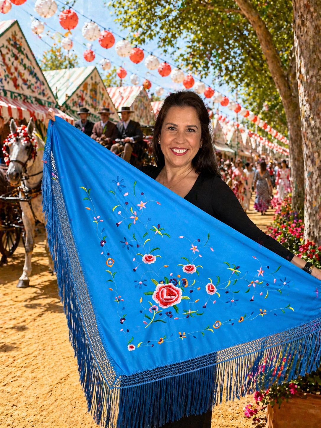 Mantón de color azul intenso con bordado floral multicolor 💙🌺